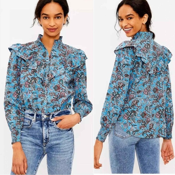 LOFT Tops - LOFT Blue Paisley Ruffle Yoke Blouse Size Small Button Front